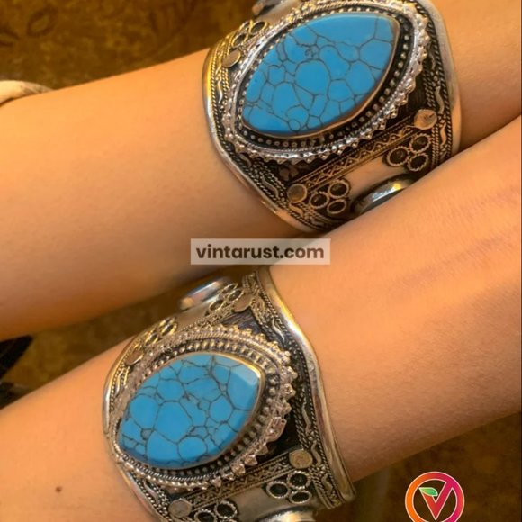 Single Ethnic Turquoise Stone Handcuff Bracelet-Afghan Kuchi Bracelet - Picture 2 of 16